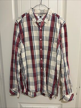 Topman Cream Plaid Button-Up Shirt with Red & Navy Stripes